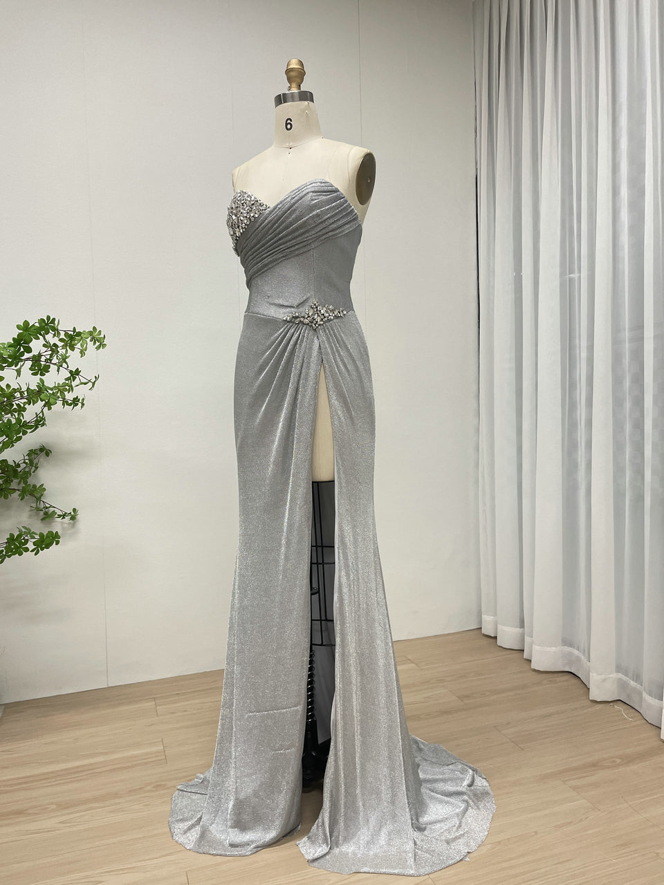 Silver Shimmer Sweetheart Prom Dress with High Slit and Rhinestone Bodice MB40402B