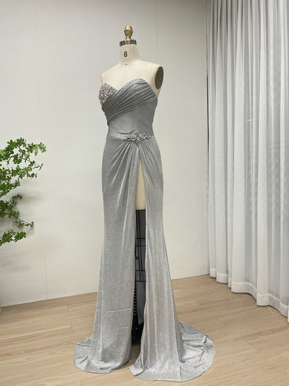 Silver Shimmer Sweetheart Prom Dress with High Slit and Rhinestone Bodice MB40402B