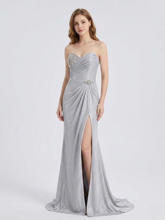 Silver Shimmer Sweetheart Prom Dress with High Slit and Rhinestone Bodice MB40402B
