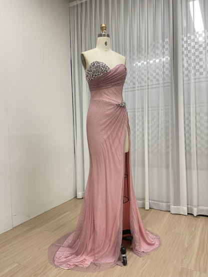 Fashionable Off Shoulder Sweetheart Neck High Split Prom Evening Dresses With Dazzling Diamond for Parties MB40402