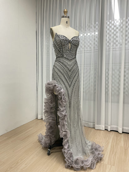 Sophisticated Gray Evening Gown with Beads Ruffle Layers Mermaid Fit MB40404