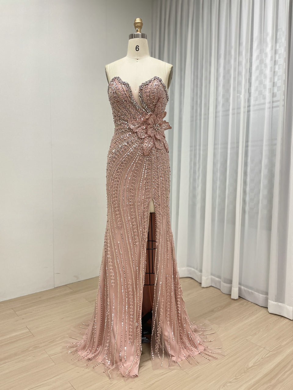Exquisite Pink Off-Shoulder Sequined Dress with Flower for Party Event MB40405