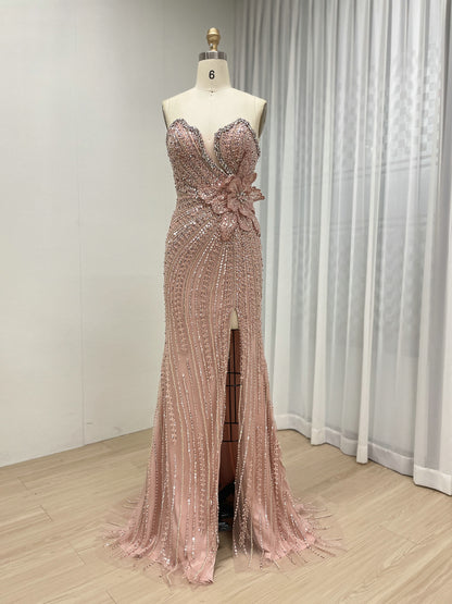 Exquisite Pink Off-Shoulder Sequined Dress with Flower for Party Event MB40405