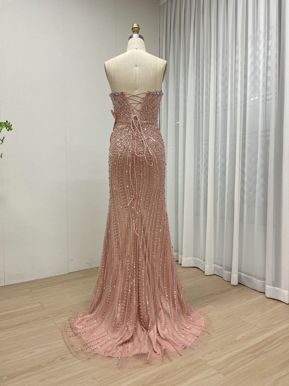 Exquisite Pink Off-Shoulder Sequined Dress with Flower for Party Event MB40405