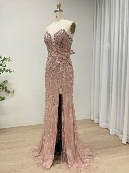 Exquisite Pink Off-Shoulder Sequined Dress with Flower for Party Event MB40405