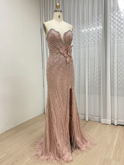 Exquisite Pink Off-Shoulder Sequined Dress with Flower for Party Event MB40405