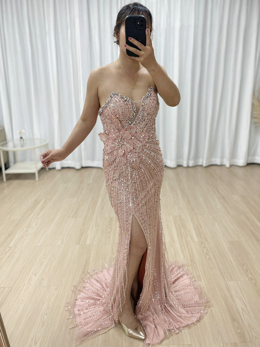 Exquisite Pink Off-Shoulder Sequined Dress with Flower for Party Event MB40405