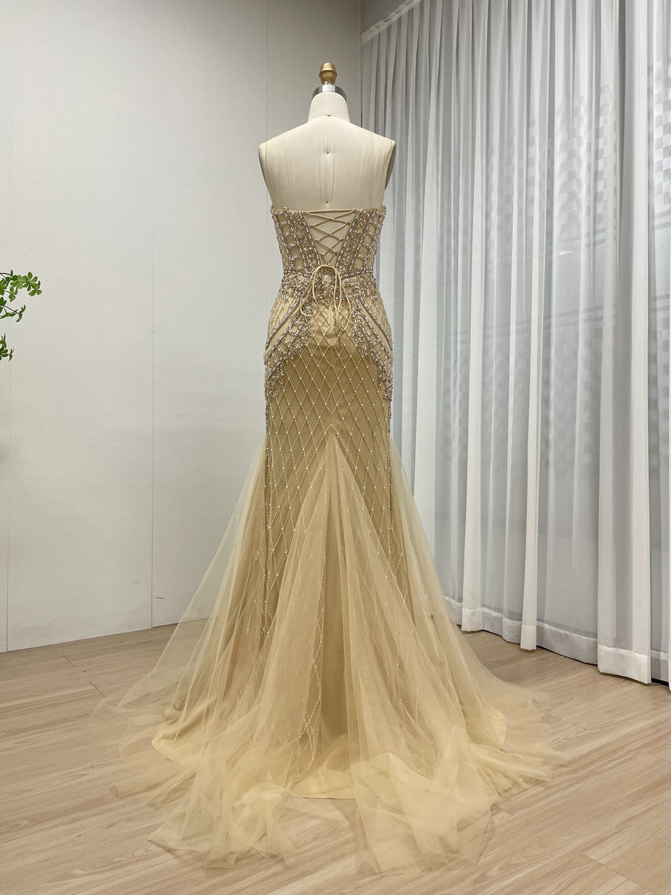 Elegant Champagne Prom Dress with Rhinestone Details Slit Skirt Long Train MB40406