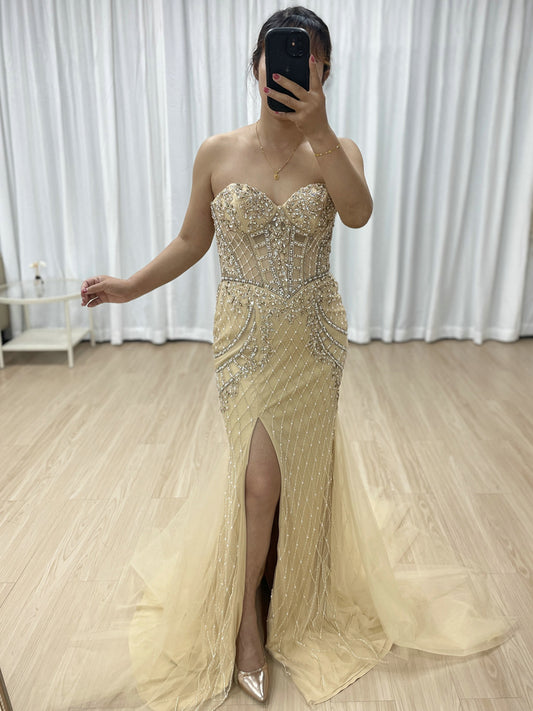 Elegant Champagne Prom Dress with Rhinestone Details Slit Skirt Long Train MB40406