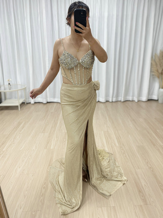Chic Style Ruched Waist Embellished With Dazzling Diamond Sleeveless High Split Prom Evening Dress MB40407