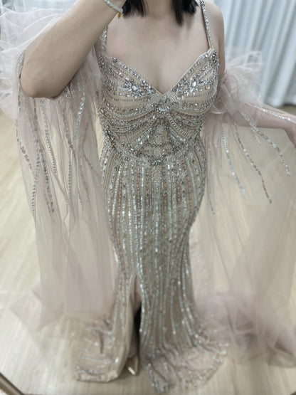 Silver Beaded Pink Nude Tulle Spaghetti Strap Evening Gown MB40408-2