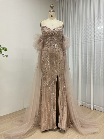 Silver Beaded Pink Nude Tulle Spaghetti Strap Evening Gown MB40408-2