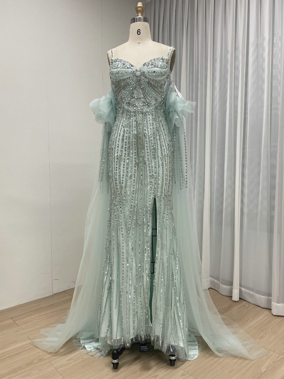 Mint Green Beaded Evening Gown with High Slit & Tulle Cape MB40408-2