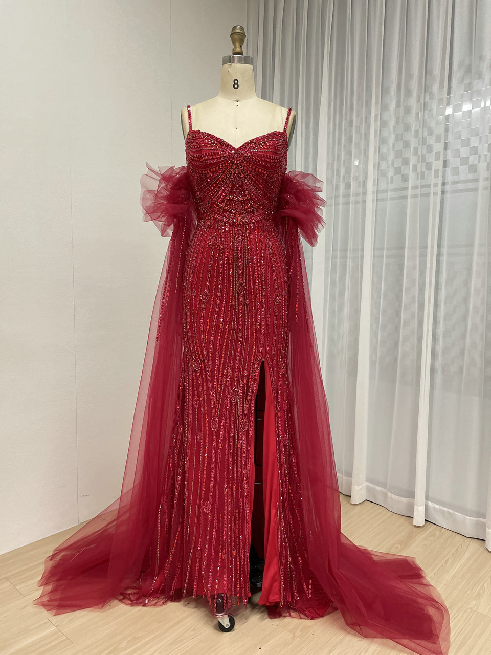 Silver Beaded Pink Nude Tulle Spaghetti Strap Evening Gown MB40408-2