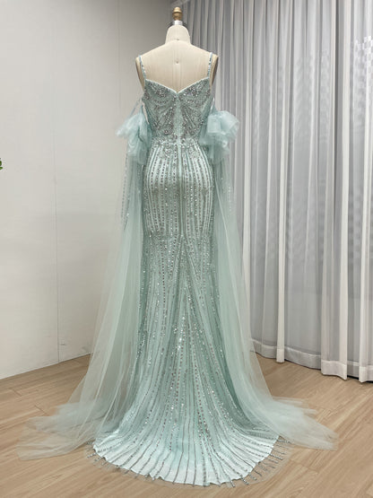 Mint Green Beaded Evening Gown with High Slit & Tulle Cape MB40408-2
