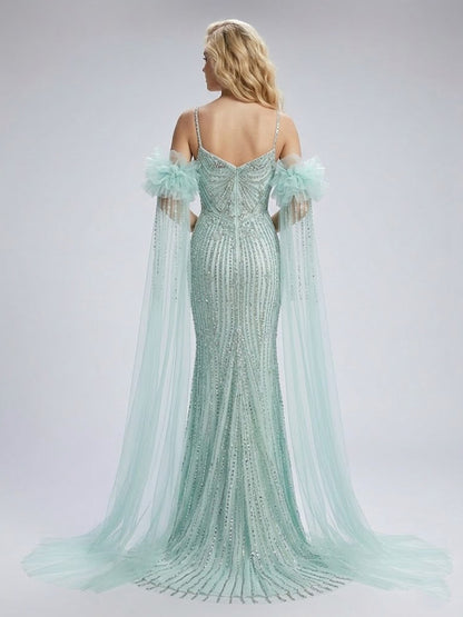 Mint Green Beaded Evening Gown with High Slit & Tulle Cape MB40408-2
