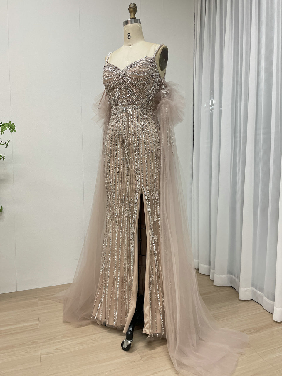 Silver Beaded Pink Nude Tulle Spaghetti Strap Evening Gown MB40408-2