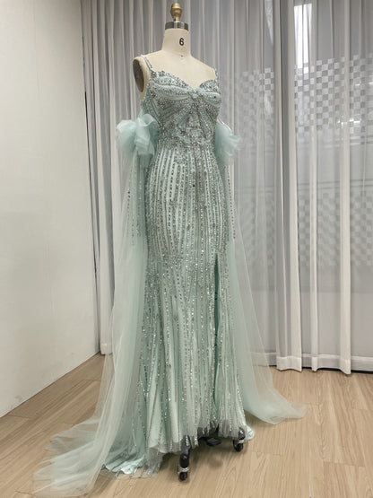 Mint Green Beaded Evening Gown with High Slit & Tulle Cape MB40408-2