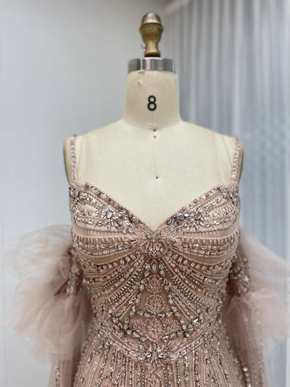 Silver Beaded Pink Nude Tulle Spaghetti Strap Evening Gown MB40408-2