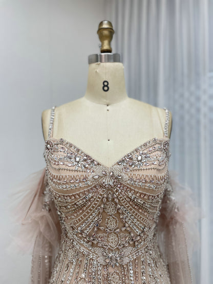 Silver Beaded Pink Nude Tulle Spaghetti Strap Evening Gown MB40408-2
