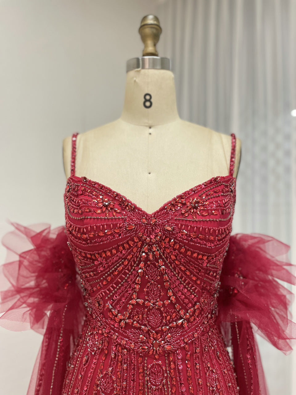 Silver Beaded Pink Nude Tulle Spaghetti Strap Evening Gown MB40408-2