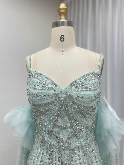 Mint Green Beaded Evening Gown with High Slit & Tulle Cape MB40408-2