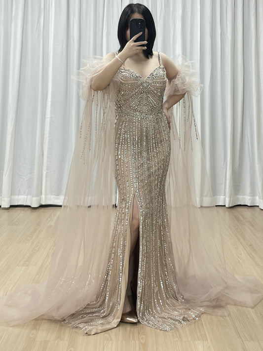 Silver Beaded Pink Nude Tulle Spaghetti Strap Evening Gown MB40408-2