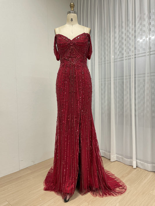 Elegant Off-Shoulder Beaded Evening Gown with Long Train for Prom Wedding MB40408B