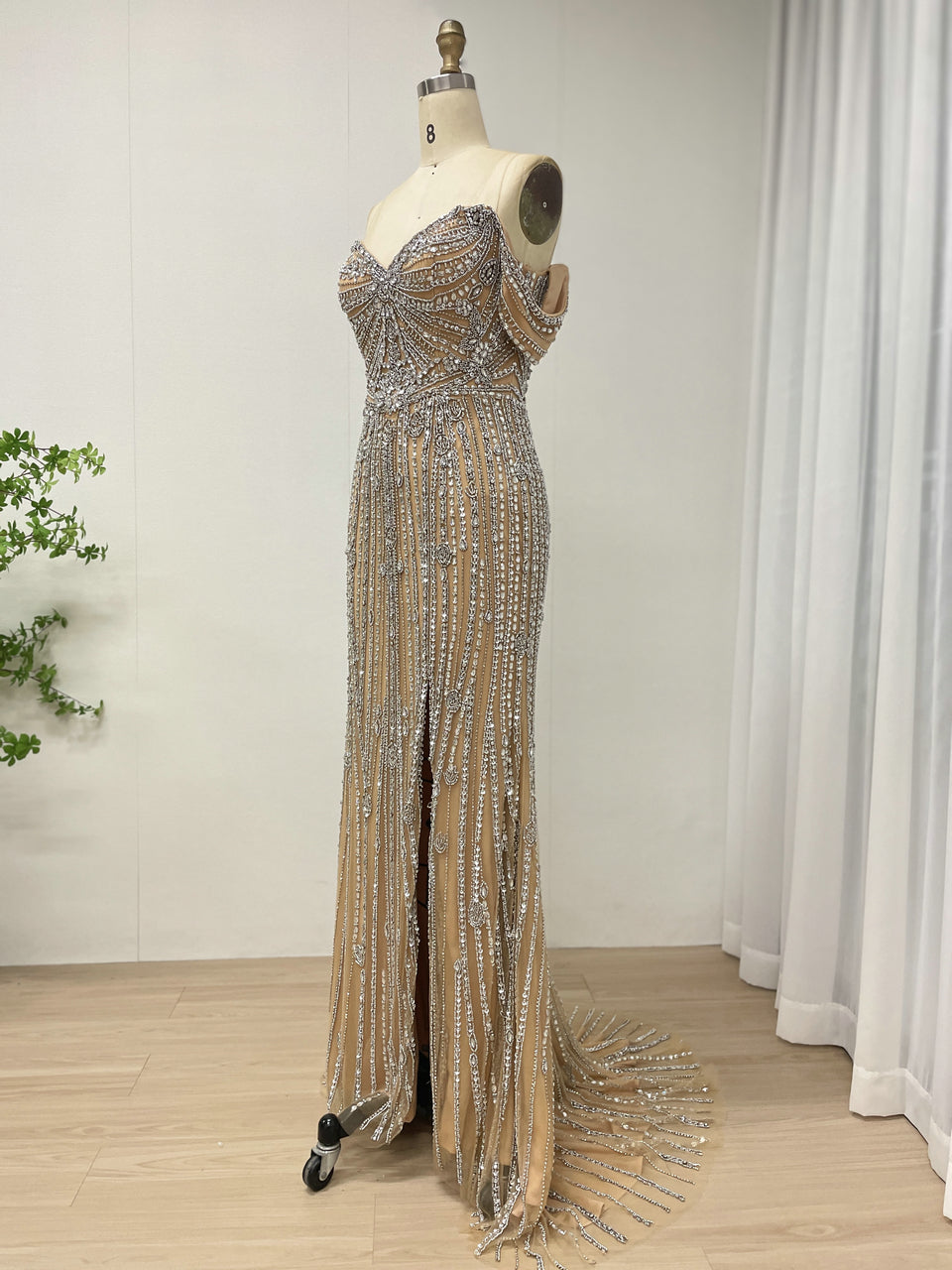 Elegant Off-Shoulder Beaded Evening Gown with Long Train for Prom Wedding MB40408B