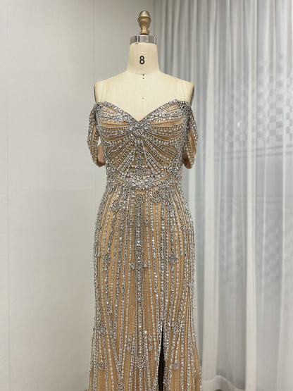 Elegant Off-Shoulder Beaded Evening Gown with Long Train for Prom Wedding MB40408B