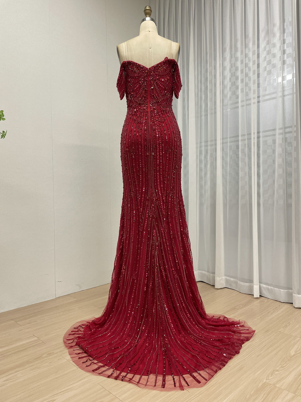 Elegant Off-Shoulder Beaded Evening Gown with Long Train for Prom Wedding MB40408B