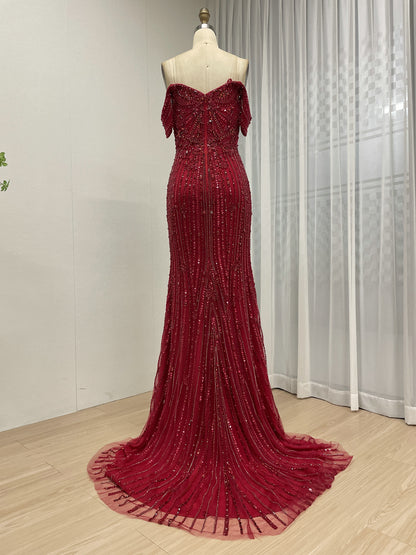 Elegant Off-Shoulder Beaded Evening Gown with Long Train for Prom Wedding MB40408B