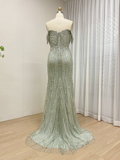 Elegant Off-Shoulder Beaded Evening Gown with Long Train for Prom Wedding MB40408B
