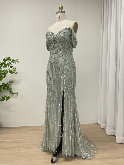 Elegant Off-Shoulder Beaded Evening Gown with Long Train for Prom Wedding MB40408B