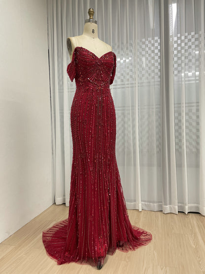Elegant Off-Shoulder Beaded Evening Gown with Long Train for Prom Wedding MB40408B