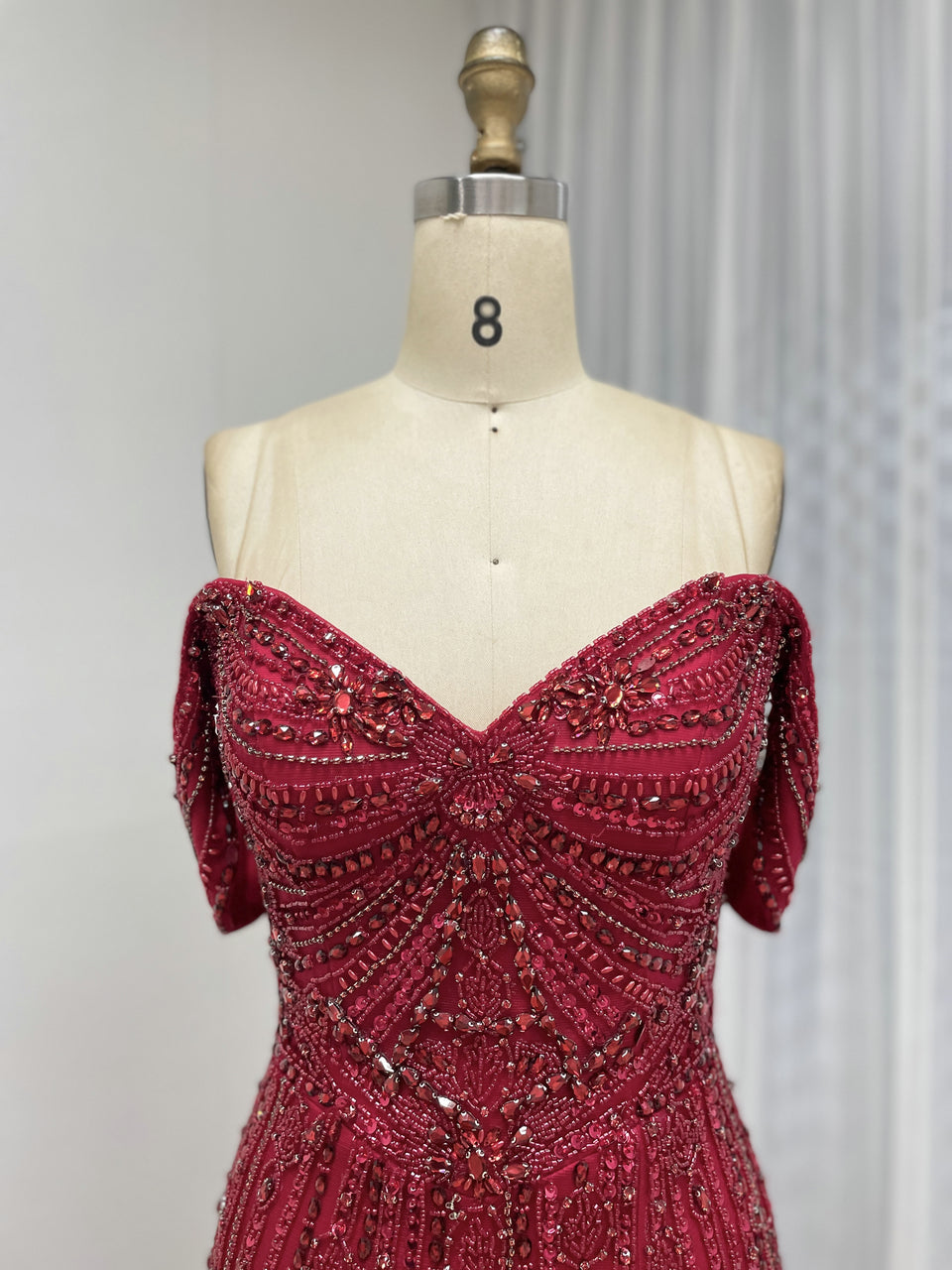 Elegant Off-Shoulder Beaded Evening Gown with Long Train for Prom Wedding MB40408B