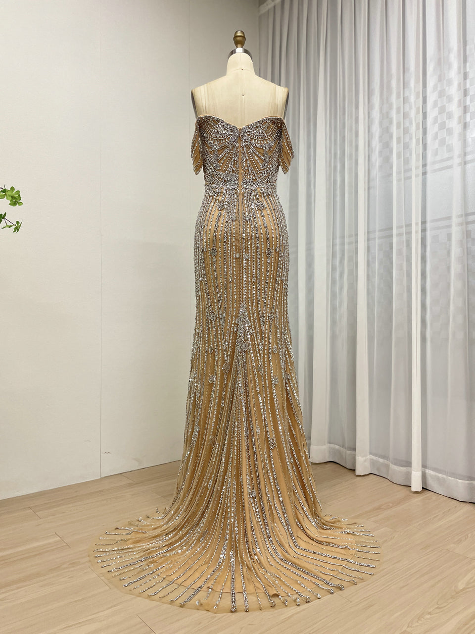 Elegant Off-Shoulder Beaded Evening Gown with Long Train for Prom Wedding MB40408B