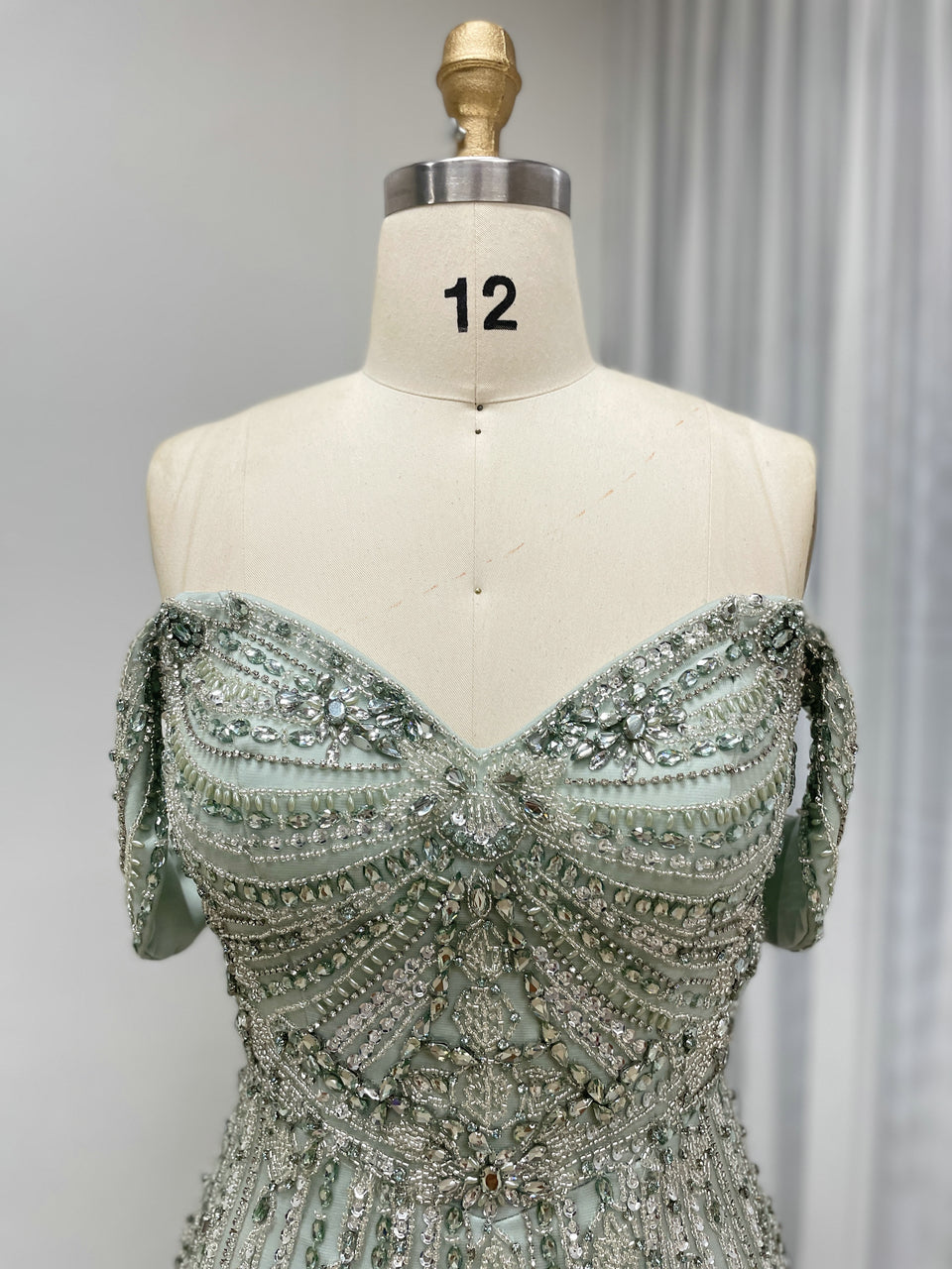 Elegant Off-Shoulder Beaded Evening Gown with Long Train for Prom Wedding MB40408B