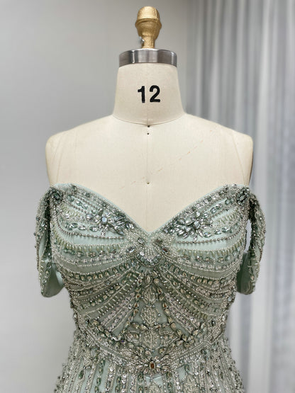 Elegant Off-Shoulder Beaded Evening Gown with Long Train for Prom Wedding MB40408B
