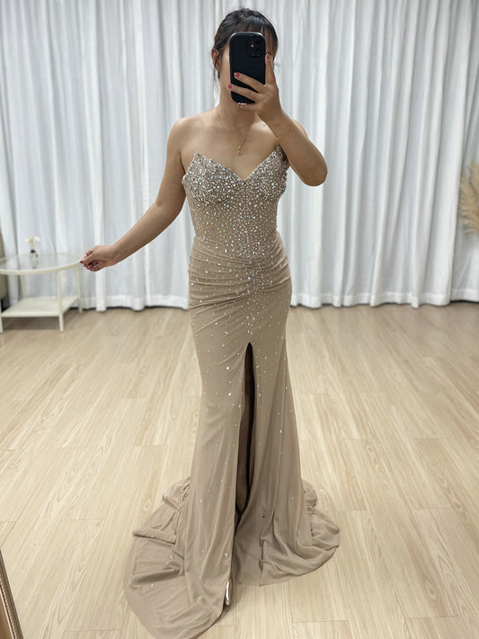 Exquisite Beige Evening Wear with Crystal Details Ruffles Floor-Length Design MB40409