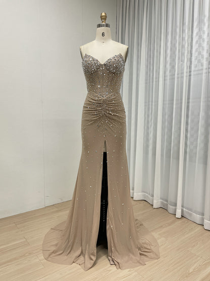 Exquisite Beige Evening Wear with Crystal Details Ruffles Floor-Length Design MB40409