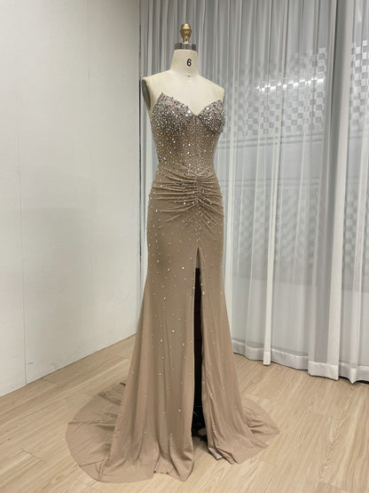 Exquisite Beige Evening Wear with Crystal Details Ruffles Floor-Length Design MB40409