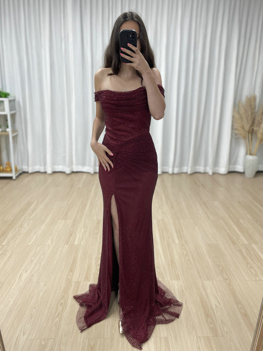 Elegant Off the Shoulder Sexy High Slit Prom Evening Gown for Birthday Wedding Graduation Parties MB40410-2