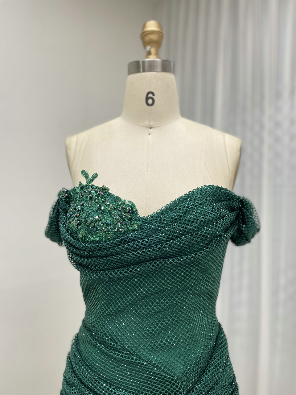 Elegant Green Prom Dress with Beaded Bodice Off-Shoulder Long Train MB40410