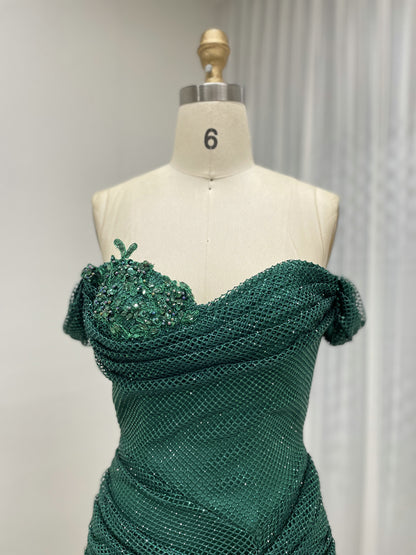 Elegant Green Prom Dress with Beaded Bodice Off-Shoulder Long Train MB40410