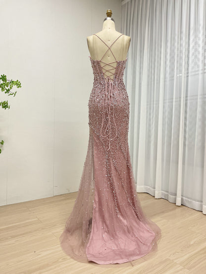 Stunning Pink Prom Dress with Rhinestone Embellishments Long Slit Floor-Length MB40411