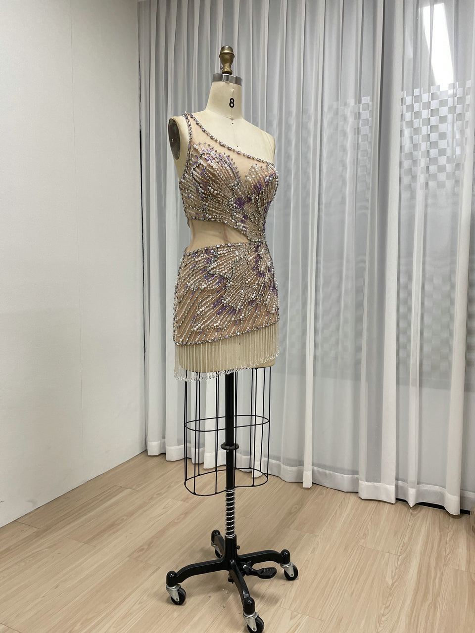 Elegant One Shoulder Fringe Prom Evening Gown Embellished Exquisite Colorful Beaded Crystal Pearls for Party MB40412