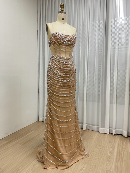 Exquisite Champagne Prom Dress with Pearl Embellishments Off-Shoulder Style MB40413