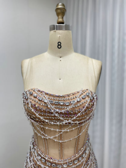 Exquisite Champagne Prom Dress with Pearl Embellishments Off-Shoulder Style MB40413