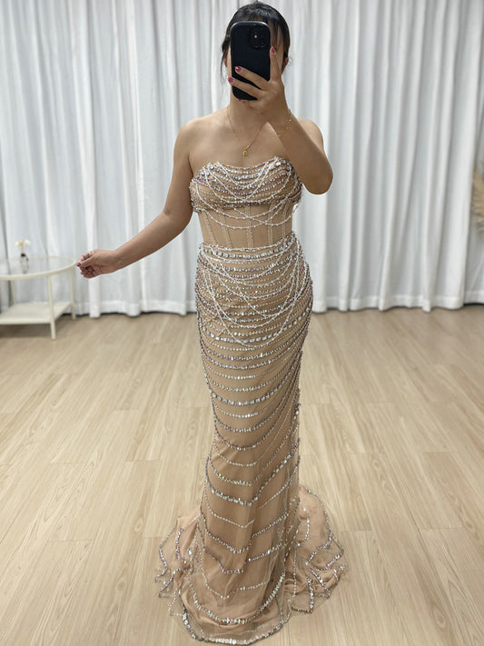 Exquisite Champagne Prom Dress with Pearl Embellishments Off-Shoulder Style MB40413